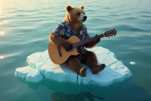 a bear playing guitar sitting on clear iceberg wearing Hawaiian shirt,  floating at the sea, cracked, transparent ice, clear water, lonely, sad, key art, photorealistic, ultra realistic, golden hour, seen from above, aerial shot, tone mapped, intricate, elegant, highly detailed, full body, Photorealistic,