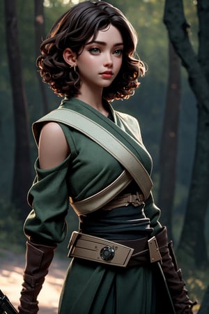 1girl, Highly detailed RAW color Photo, ((outdoor)), Full Body, ((portrait of a young jedi)) age 18, short_curly_hair, dark_hair, green-eyes, ((sexy_lips)), intricate_detail, realistic, dark_tone, cinematic_still, color_graded, on an aliean_planets, far_away_mountains, spaceship, cinematic lighting, shallow depth of field, photographed on a Sony a9 II, ((35mm f1.8_wide angle lens)), sharp focus, cinematic film still, particle effects, raytracing, detailed_skin, sharp_eyes, beautifull, looking_at_camera, lensflare, anamorphic_lens, glare, glow, ((wide_shot))