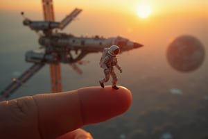 a mini astronaut running on a fingertip, planet, a nasa spaceship, ISS behind it, key art, photorealistic, ultra-realistic, symmetrical face, tone mapped, intricate, elegant, highly detailed, full body, 16:9, ultra-wide, golden hour, 3 point light, cinematic