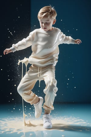 create a cute young boy freestyle dancing with trousers made of milk, splashed, drips, subsurface scattering, translucent, 100mm,Movie Still,detailmaster2,Film Still,make_3d,aesthetic portrait
