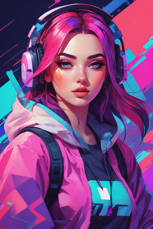 Glitchcore Art Style, of a gamer girl, dynamic, dramatic, distorted, vibrant colors, glitchcore art style