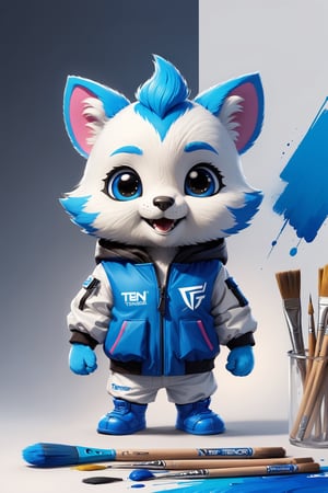 create a mascot for tensor.art, it must include cuteness, adventurous, smart, vibrant color, clean design, futuristic, artistic, jacket, modern, color is blue and white, tensor logo in the chest, painting tools