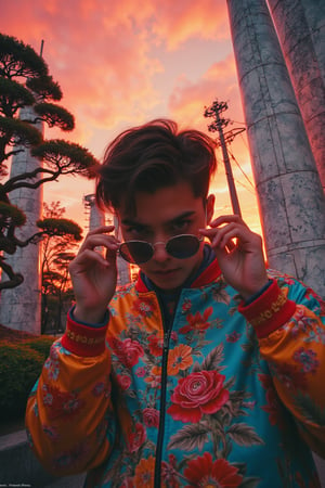 In the style of TOK, a photo editorial avant-garde dramatic action pose of a person wearing 90s round wacky sunglasses pulling glasses down looking forward, in Tokyo with large marble structures and bonsai trees at sunset with a vibrant illustrated jacket surrounded by illustrations of flowers, smoke, flames, ice cream, sparkles, rock and roll,(best quality, 4K, 8K, high-resolution, masterpiece), ultra-detailed, best detailed, details, skin detailed, photorealism, photorealistic, intricate, elegant, highly detailed, insane details, intricate details, hyper detailed