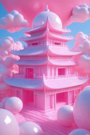 create a Chinese architecture made of milk, splashed, drips, subsurface scattering, detailed milk material, puffy clouds, aesthetic light and shadow 3d, translucent plastic bubblegum, fluorescent, translucent, 100mm,Movie Still,detailmaster2,Film Still,make_3d,aesthetic portrait