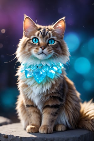 a majestic cat made of crystal gem, bioluminescent, photoreal, ultra detail, bokeh, 100mm, real fur