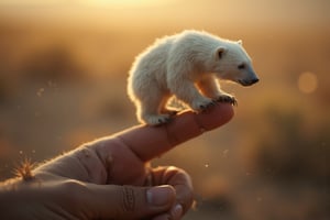 a mini polar bear sitting on a finger tip , key art, photorealistic, ultra-realistic, symmetrical face, tone mapped, intricate, elegant, highly detailed, full body, 16:9, ultra-wide, golden hour, 3 point light, cinematic, mud, and dust