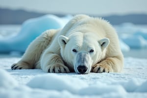 a lone polar bear laying on ice berg, cracked, lonely, sad, key art, photorealistic, ultra realistic, beautiful face, symmetrical face, tone mapped, intricate, elegant, highly detailed, full body, Photorealistic, Beautiful woman 