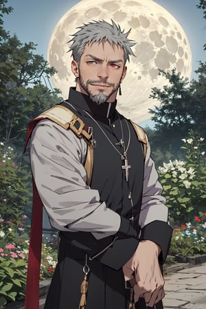 Boobs_Paladin, 1boy, old mature male, masterpiece,best quality,detailed background,
solo,muscular male,cowboy shot,park, garden background ,full moon, looking at viewer,
{{{facial hair, stubble}}},,detailed eyes,beautiful eyes,standing,short hair ,grey hair, red eyes, priest, 
