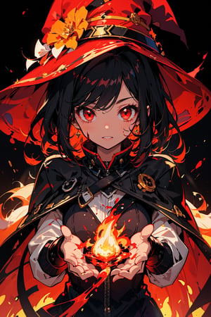 1girl, black hair, red eyes, fire witch, blood, light particles, light rays, wallpaper, high contrast, colorful,