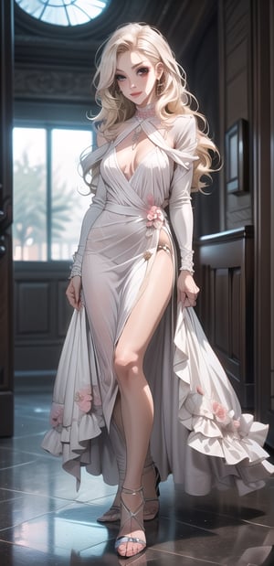 One woman ,Godness, Aphrodite, (caucasian_pale_white_female:1.5) , light_blue_eyes , detailed eyes , large_breasts , blonde_hair  , perfect legs , barefoot , slim thicc , masterpiece  , ultra detailed , ("detailed background") , perfect shading , high contrast , best illumination , light smile , long_hair , straight_hair , (make-up) , (pink eye shadow) , (black eye liner) ,very long pink Vintage women's elegant summer floral long dress , full-body_portrait,lolita_dress, jewellery, ,lvdress