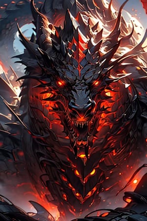 (Close up shot) High detailed, masterpiece, Dragon, scary, astonish, best quality, 8K, highres, absurdres:1.2, master,rpiece, best quality, ultra-detailed, illustration,fantasy, {glowing,apocalypse,Dragon, strong neck,horror (theme)} 