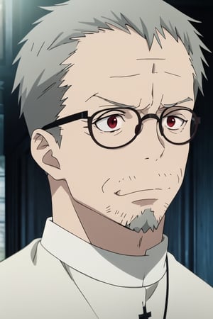 Boobs_Paladin, masterpiece, best quality, detailed eyes, 1 boy, solo, 40 years old, {short hair, light gray hair, red eyes} , priest, black clerical clothing,  black Round glasses with orange glass , anime, Sneer, Light beard, goatee on the chin, Wrinkles, cross-shaped scar on the forehead, full body shot, frontal, dramatic light ,grey hair ,red eyes 