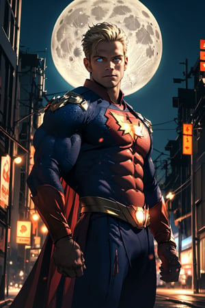 1man,masterpiece,best quality,detailed background,solo,muscular male,cowboy shot,American architecture,full moon,superhero, ,holding a cofe,looking at viewer,,detailed eyes,beautiful blue eyes,blonde hair, short hair, standing,depth of field,Patriota_John