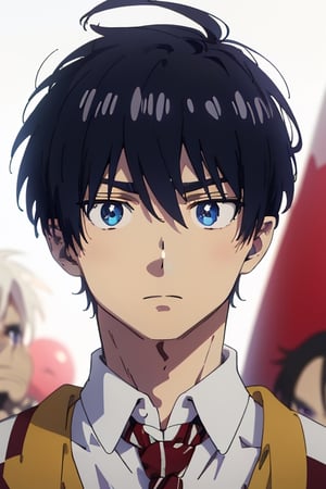 Blue king, Short hair, Black hair, Blue eyes 

Masterpiece, best quality, best hires, 4k,detailed, anime, anime screencap, black outline, intense shadow, sharp focus, portrait, centered, frontal view, face, intense eyes, 


1boy,solo, 15 years old, short hair , white skin, black hair,blue eyes, red pupils, slightly pointed ears, closed mouth, neutral expression, White shirt, red tie , white background, HD, anime, , Visual Anime, anime_screencap, fake_screenshot,anime coloring,perfect split lighting