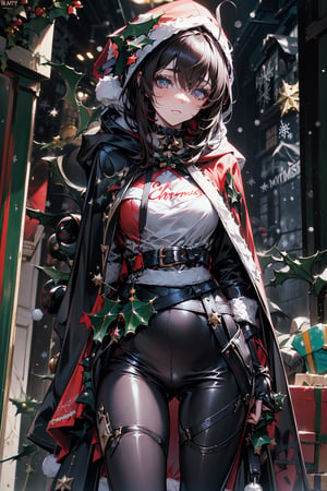 Movie poster (1girl),  (Hood (web):1.1), (black:1.1) stylish and edgy outfit, The background is dark and gritty, color palette (dark AND violet). 
,ahoge brown hair, latex leggings,  mitary boots,  holding(sword::1),upper_body shot,eyes that reflect cosmic truths, ((heterochromia:1.5)), (masterpiece:1.3), ((Christmas theme:1.5))