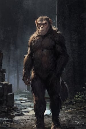 , (full body shot , cinematic light,), {(solo_ape), (Caesar/*Planet of the Apes_Movie_2018),. Feral, savage, strong, menacing, short_fur(black)