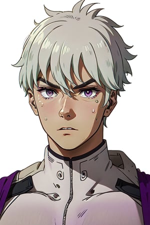 A dramatic and humorous portrait of Officer 006 - a silver-haired, violet-eyed young man with short hair, gazing straight ahead with a lone sweatdrop between his eyebrows. Framed by the stark white background, the officer's upper body is showcased, with his hair messy and unkempt, adding to the comical effect.