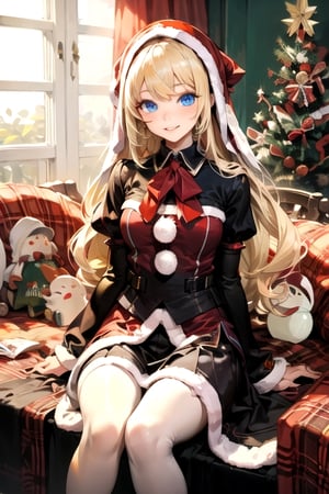  Best quality, high_res, absurdres, ultra-detailed,1girl, blonde_hair, solo, long_hair, breast, blue eyes,lips,smile, happy,Mona_Christmas