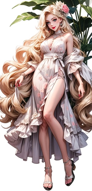 One woman ,Godness, Aphrodite, (caucasian_pale_white_female:1.5) , light_blue_eyes , detailed eyes , large_breasts , blonde_hair  , perfect legs , barefoot , slim thicc , masterpiece  , ultra detailed , ("detailed background") , perfect shading , high contrast , best illumination , light smile , long_hair , straight_hair , (make-up) , (pink eye shadow) , (black eye liner) ,very long pink Vintage women's elegant summer floral long dress , full-body_portrait,lolita_dress, jewellery, 