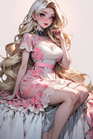 One woman ,Godness, Aphrodite, (caucasian_pale_white_female:1.5) , light_blue_eyes , detailed eyes , large_breasts , blonde_hair  , perfect legs , barefoot , slim thicc , masterpiece  , ultra detailed , ("detailed background") , perfect shading , high contrast , best illumination , light smile , long_hair , straight_hair , (make-up) , (pink eye shadow) , (black eye liner) ,very long pink Vintage women's elegant summer floral long dress , full-body_portrait,lolita_dress, jewellery, ,nijistyle