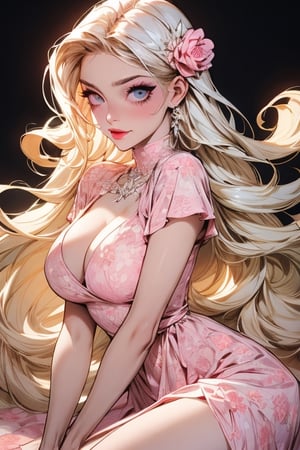One woman ,Godness, Aphrodite, (caucasian_pale_white_female:1.5) , light_blue_eyes , detailed eyes , large_breasts , blonde_hair  , perfect legs , barefoot , slim thicc , masterpiece  , ultra detailed , ("detailed background") , perfect shading , high contrast , best illumination , light smile , long_hair , straight_hair , (make-up) , (pink eye shadow) , (black eye liner) ,very long pink Vintage women's elegant summer floral long dress , portrait,lolita_dress, jewellery, ,nijistyle