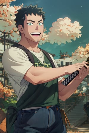 Forest - Green eyes, (holding a katana) Masterpiece, best quality, {solo, profile shot} , full body of HeroN*8,bara, bara male, muscle, smile, Fat belly, happy, teeth, Wink, (green t-shirt) , orange short jeans, black sneakers, Tokyo city background, nighttime, standing, happy pose, Detailedface