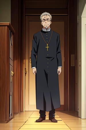 Boobs_Paladin, masterpiece, best quality, detailed eyes, 1 boy, solo, 40 years old, short hair, light gray hair, red hair, priest, clerical clothing, orange glasses, anime, Sneer, Light beard, goatee on the chin, Wrinkles,, cross-shaped scar on the forehead, full body shot, frontal, dramatic light 