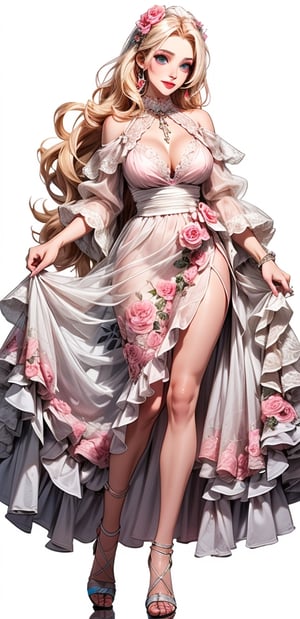 One woman ,Godness, Aphrodite, (caucasian_pale_white_female:1.5) , light_blue_eyes , detailed eyes , large_breasts , blonde_hair  , perfect legs , barefoot , slim thicc , masterpiece  , ultra detailed , ("detailed background") , perfect shading , high contrast , best illumination , light smile , long_hair , straight_hair , (make-up) , (pink eye shadow) , (black eye liner) ,very long pink Vintage women's elegant summer floral long dress , full-body_portrait,lolita_dress, jewellery, 