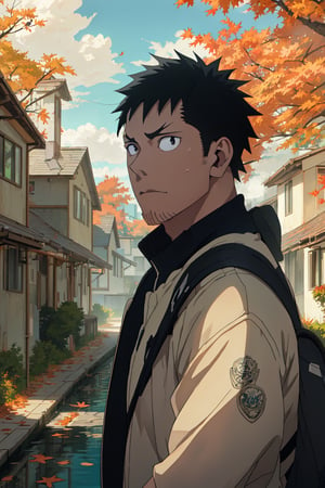 (professional. highly detailed. HD. UHD. HDR. 16K. very high quality. clean. realistic anime. hyper realistic.) solo, 1boy, male focus, short hair, black hair, black eyes, toned male, outdoors, sky, day, cloud, water, tree, grass, building, scenery, walking, road, autumn leaves, autumn,pastelbg,HeroN*8