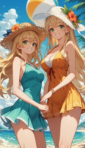 score_9_up, score_8_up, score_7_up, source_anime, very aesthetic, anime screencap, anime coloring, BREAK, beach, 2girls, happy, long hair, blonde hair, green eyes, curvy, short dress, hat, holding hands, smiling, playing with beach ball, beach umbrella