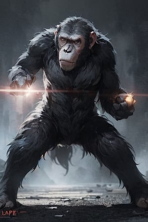 , (dynamic pose, cinematic light,), {(solo_ape), (Caesar/*Planet of the Apes_Movie_2018),. Feral, savage, strong, menacing, short_fur(black),TPose