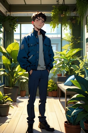 The image features a young man wearing a blue jacket, standing in front of another person. The young man appears to be looking down, possibly with a sad expression. The person he is speaking to is standing behind him, facing him. They seem to be engaged in a conversation or interaction.

In the background, there is a potted plant, adding some greenery to the scene. Additionally, a chair is visible in the background, suggesting that the setting might be indoors or in a public space.