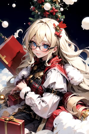 Glasses,  Best quality, high_res, absurdres, ultra-detailed,1girl, blonde_hair, solo, long_hair, breast, blue eyes,lips,smile, happy,Mona_Christmas,midjourney 