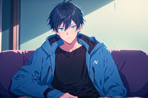 1boy, male_focus, solo, black_hair, jacket, looking_at_viewer, black_shirt, shirt, hood, upper_body, sitting, anime_coloring, blue_jacket, couch, open_clothes