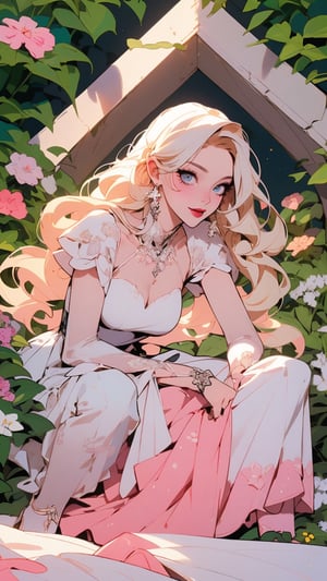 One woman ,Godness, Aphrodite, (caucasian_pale_white_female:1.5) , light_blue_eyes , detailed eyes , large_breasts , blonde_hair  , perfect legs , barefoot , slim thicc , masterpiece  , ultra detailed , ("detailed background") , perfect shading , high contrast , best illumination , light smile , long_hair , straight_hair , (make-up) , (pink eye shadow) , (black eye liner) ,very long pink Vintage women's elegant summer floral long dress , portrait,lolita_dress, jewellery, ,Niji style, beautiful and detailed, garden full of flower, background