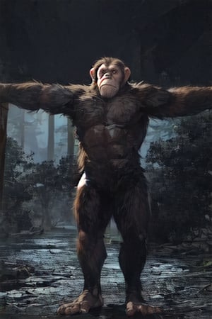 , (full body shot , cinematic light,), {(solo_ape), (Caesar/*Planet of the Apes_Movie_2018),. Feral, savage, strong, menacing, short_fur(black),TPose