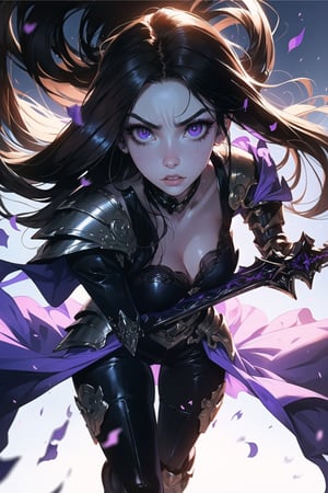 ((Masterpiece, best quality, ultra-detailed)), (detailed background), (pretty face), One female girl, beautiful sun light shining down on her, bright violet eyes, white dead color skin, brown-hair, straight_hair, hair passing waist, armor shoulder plates, chest armor plates slightly cleavage, legs armor plates slightly revealing legs, one great sword, full body stance, depth of view, (best shadow, best blue shader, ultra detailed), (detailed background), (beautiful detailed face, beautiful detailed eyes), High contrast, (best illumination, an extremely delicate and beautiful), angry and cruel facial expression 😡, (long hair:1.9), (violet eyes:1.5)