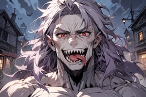 score_9, score_8_up, score_7_up, score_6_up, score_5_up, score_4_up, source_anime, frontal viewer, 1man, middle-aged man, 40 years old, solo, red eyes, sharp teeth clenched, smile, sharp teeth tongue out, Bloody mouth{ long hair, silver hair, [purple hair]} curtain bangs,white skin,muscle,tall,Wrinkles, Lord_Megatron, vampire costume , cinematic lighting, horror scenery,halloween themed 