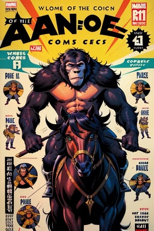 Style (comics:1.3) {{a ape,solo, green eyes, black fur, riding a black horse,}} ((Caesar \*Planet of the Apes \)) ,,dynamic pose, best quality, masterpiece, detailed eyes