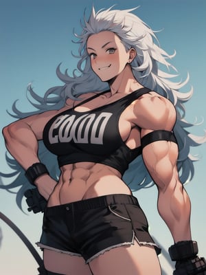 masterpiece, best quality, high definition, photorealistic,noi_(dorohedoro), sole_female,colarbone, masterpiece, 1girl, side_boob, smirk, long hair, white hair, muscles, flex, front pose, black shorts, loose black laced shirt