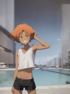 best quality, masterpiece, highres, solo, young,edward_wong_hau_pepelu_tivrusky_iv,Edward ,dark tanned skin,photorealistic, girl,petite,short orange hair, brown_eyes,smile, 1girl,sleeveless white shirt,young,miscevous grin,shorts ,large oblong pupils, large eyes,thin body,
,anime style,midriff,score_9,edward,Pixel art