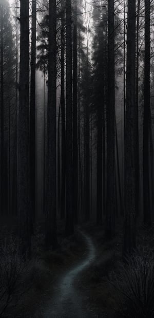 
A  wide, sharp photo of realistically detailed ((dark dense dried forest at night)). (((Dense dried forest of realistic dried black trees, realistic black dried tree branches))), scary scene like from a horror movie. Realistically detailed fog in background, where realistic mystical light passing through the fog, strange lighting on low realistically detailed fog just above realistically  black ground. The low fog, ground and trees closer to the camera are in focus. (((With no roud))).Realistic shadows, mystical lighting. 4K, UHD, Masterpeace.