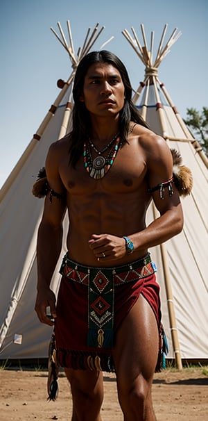 Create a digital, sharp photo, taken with the main camera on phone Apple "iPhone 15 Pro", chief of the tribe. Create a digital, wide sharp, realistically detailed background of the Cherokee Indian tribe, Indian teepee three closed tent. In the background, realistically detailed Indian horses, realistic natural ground from dust. Cherokee Indian men and women, realistically historically detailed Native American Indian. Realistic shadows. 48K, UHD, RAW. Realistic high lumen light, mistical shadows. Realistic shadows. Masterpiece.
