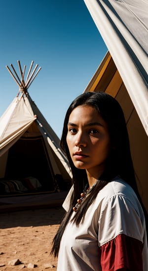 Create a digital, sharp photo, taken with the main camera on phone Apple "iPhone 15 Pro". Create a digital, wide sharp, realistically detailed background of the Cherokee Indian tribe, Indian teepee three closed tent. In the background, realistically detailed Indian horses, realistic natural ground from dust. Cherokee Indian men and women, realistically historically detailed Native American. Realistic shadows. 48K, UHD, RAW. Realistic high lumen light, mistical shadows. Realistic shadows. Masterpiece.