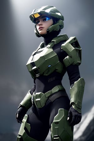 full body, distant, (masterpiece, top quality, best quality, official art, beautiful and aesthetic:1.2), (1girl), (fractal art:1.2),absurdres, highres, ultra detailed, Ultra-precise depiction, Ultra-detailed depiction, solo, Black-short hair style,(halo armor:1.2), dynamic pose, floating hair, (thin: 1.2),  (abstract:1.2), Backgroun gray, high mounting, 4K, photorealistic