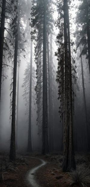 
A  wide, sharp photo of realistically detailed ((dark dense dried forest at night)). (((Dense dried forest of realistic dried black trees, realistic black dried tree branches))), scary scene like from a horror movie. Realistically detailed fog in background, where realistic mystical light passing through the fog, strange lighting on low realistically detailed fog just above realistically  black ground. The low fog, ground and trees closer to the camera are in focus. (((With no roud))).Realistic shadows, mystical lighting. 4K, UHD, Masterpeace.