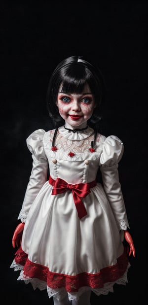 A digital, wide sharp photo of dark realistic starry night sky. Background is black and white. ((Full body shot  image of one harmless little doll girl, with human skin)). (((It is half dark, only the realistic fog and the doll glow mystically))). (((The mouth of the doll is smeared clumsy bright red make-up, a big smile))), (rest of the facial expression of doll is serious), ((eyes of doll are fiery red)). ((The little girl doll levitates above the ground in realistic fog))). Colors are used- red, white black. Toy girl dressed in a red lace, clean dress, impeccably ironed, with white delicate lace around the edges of the dress, white knee-high socks on the legs, with a lace shirt under the dress, short sleeves trimmed with white delicate lace. (Scene of Halloween),  48K, UHD, body facing the viewer, showing to viewer, ((mistical shadows)), mistical ight light. Masterpiece