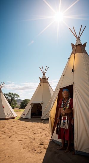 Create a digital, sharp photo, taken with the main camera on phone Apple "iPhone 15 Pro". Create a digital, wide sharp, realistically detailed background of the Cherokee Indian tribe, Indian teepee three closed tent. In the background, realistically detailed Indian horses, realistic natural ground from dust. Cherokee Indian men and women, realistically historically detailed Native American. Realistic shadows. 48K, UHD, RAW. Realistic high lumen light, mistical shadows. Realistic shadows. Masterpiece.