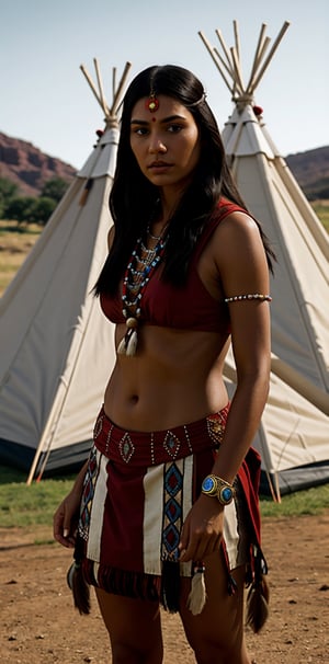 Create digital, sharp photo, taken with the main camera on phone Apple "iPhone 15 Pro". Realistically detailed Cherokee Indian men and women, realistically historically detailed Native American. 
Camera on iPhone capture super digital sharp images of modern 22 year old, native American Indian beautiful girl. she stands facing the viewer, the background motifs a little in the distance.

Create a digital, wide sharp, realistically detailed background of the Cherokee Indian tribe, Indian teepee three closed tent, in the background, realistically detailed Indian horses, realistic natural ground from dust. Cherokee Indian men and women, realistically historically detailed Indian people, before the American settlement.
Indian girl, outside, in front of the Indian realistic teepee tents.   daughter of a chief,(((without dot on forehead))), (((without, no marks on forehead))).
Realistic shadows. 48K, UHD, RAW. Realistic high lumen light, mistical shadows. Realistic shadows. Masterpiece.
