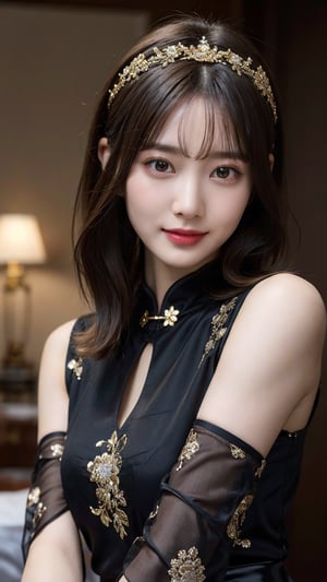 4k,best quality,masterpiece,20yo 1girl,(traditional cheongsam costume, alluring smile, head ornaments 

(Beautiful and detailed eyes),
Detailed face, detailed eyes, double eyelids ,thin face, real hands, muscular fit body, semi visible abs, ((short hair with long locks:1.2)), black hair, black background,


real person, color splash style photo,
